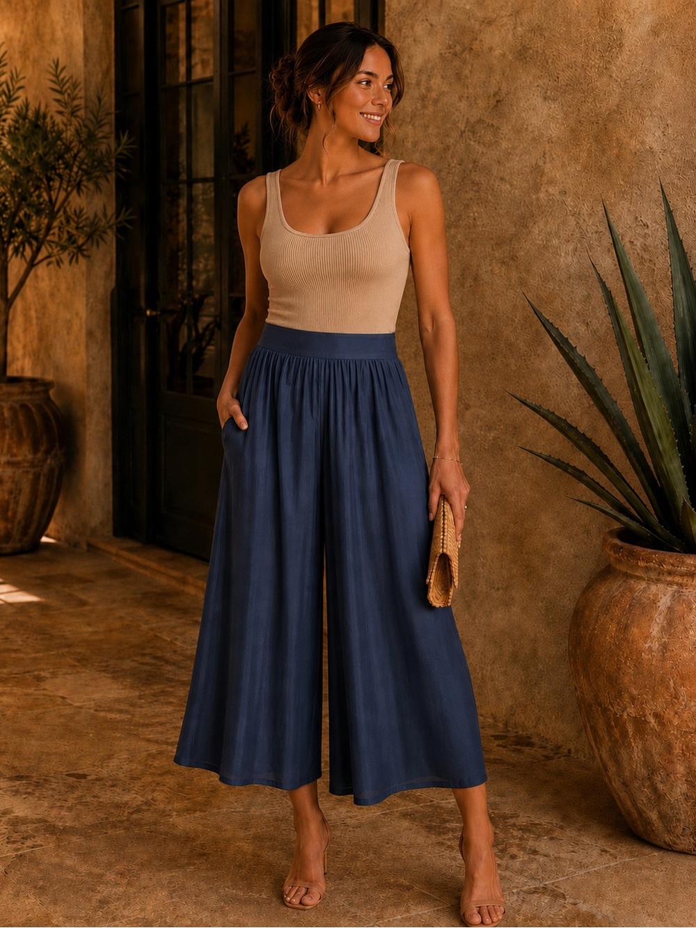 BCBGeneration Navy Wide-Leg Cropped Pants